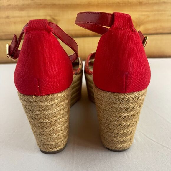 Tory Burch Sherri 9 M Leather Espadrille Wedge Platform Heel Peep Toe Red Floral - Picture 5 of 8